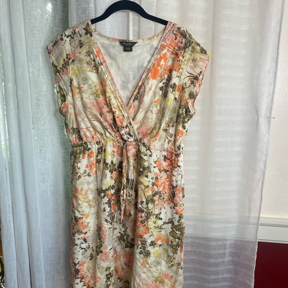 Eddie Bauer V Neck Faux Wrap 100% Cotton Floral Dress Size 12 - Picture 3 of 14
